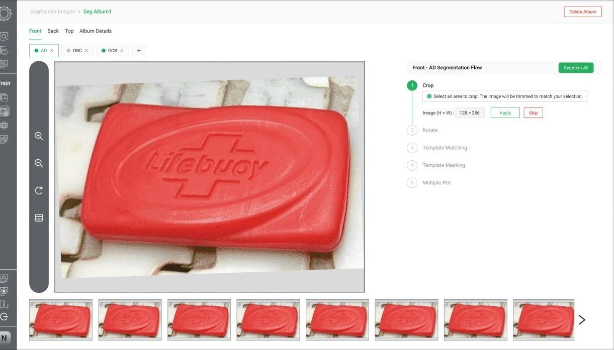 Segmentation flow with crop, rotate and template matching steps